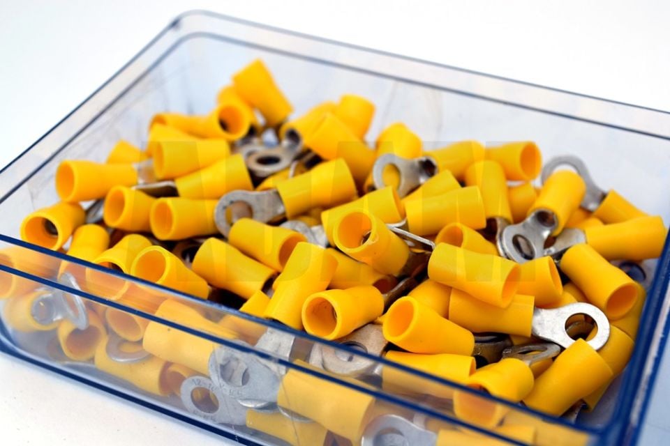 100 Adet 4,00-6,00 Bakır Kablo Pabucu Sarı M5 Delikli Sıkmalı Sulye MT-SKS5S