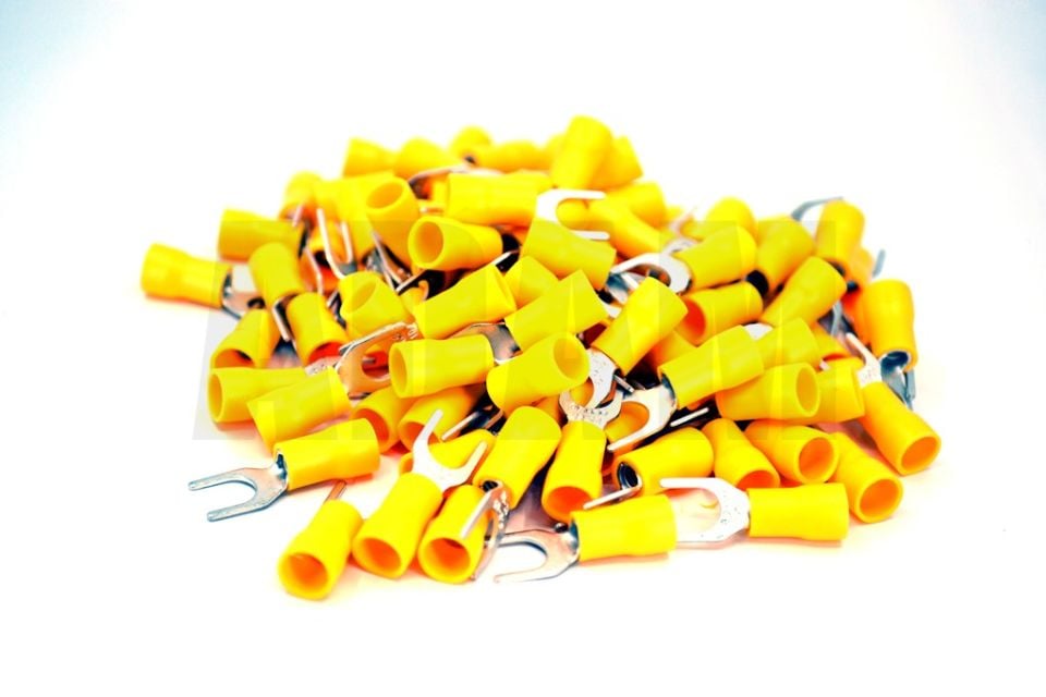 100 Adet 4,00-6,00 Bakır Kablo Pabucu Sarı M6 Çatal Sıkmalı Sulye MT-PC6006