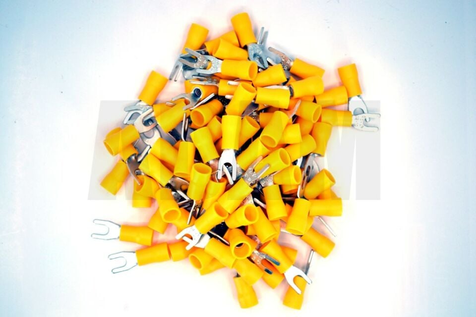 100 Adet 4,00-6,00 Bakır Kablo Pabucu Sarı M4 Çatal Sıkmalı Sulye MT-PC4006