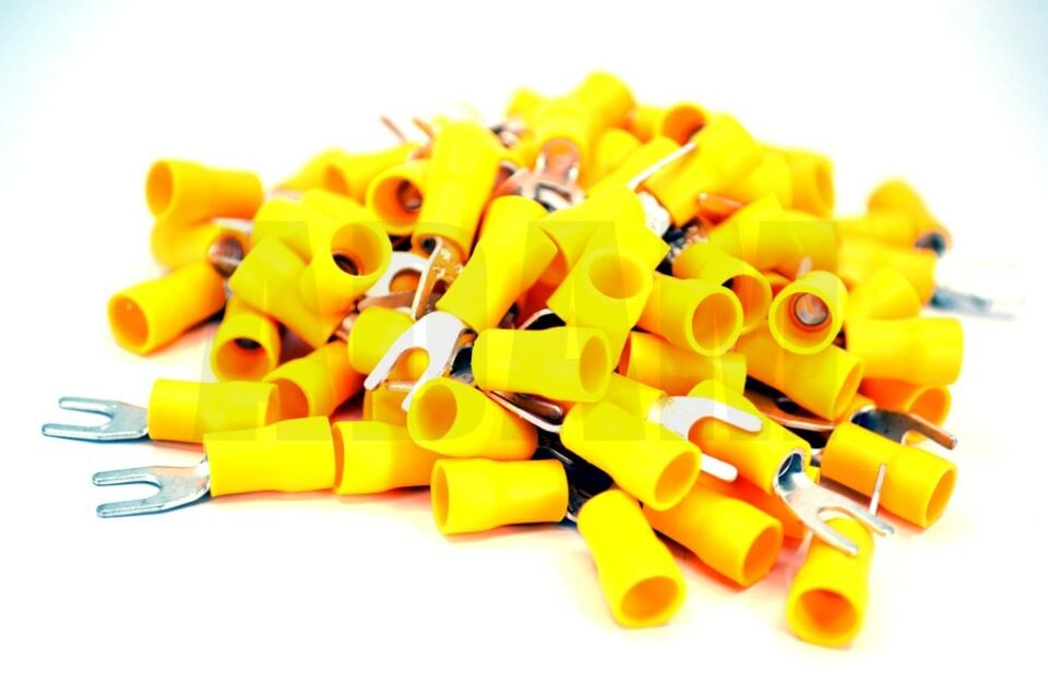 100 Adet 4,00-6,00 Bakır Kablo Pabucu Sarı M4 Çatal Sıkmalı Sulye MT-PC4006