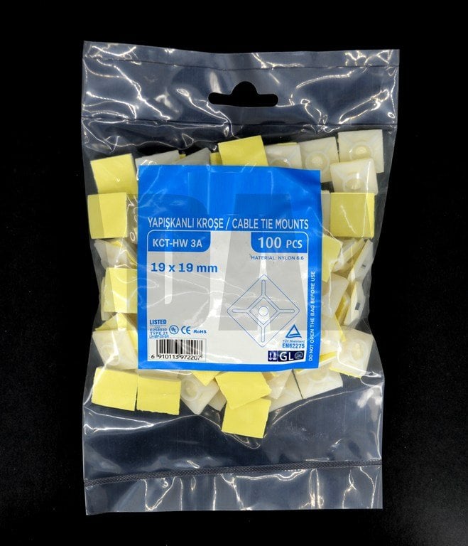 100 Adet Beyaz 19x19 Kablo Bağı Yapışkanlı Kroşe UL Sertifikalı