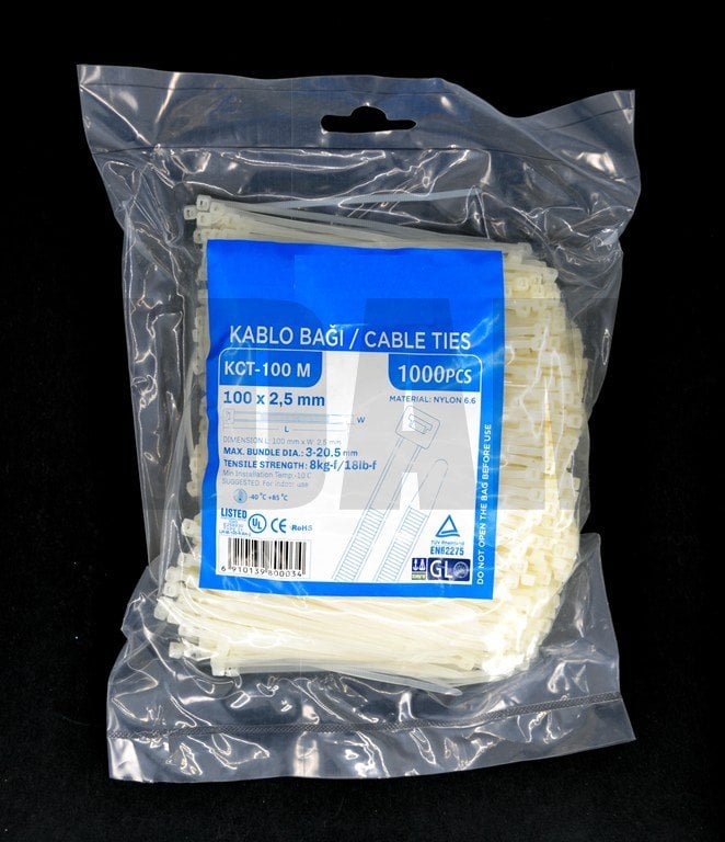 1000 Adet Beyaz 100x2,5 UL Sertifikalı Kablo Bağı