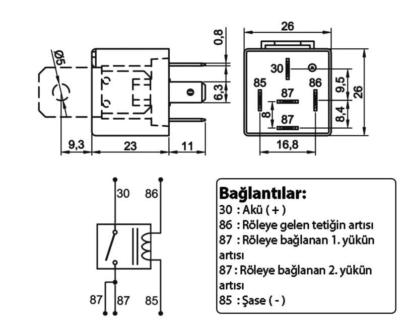12V 40A Mini Röle 5 Fişli Su Geçirmez Tek Platin Çift 87 Bacak