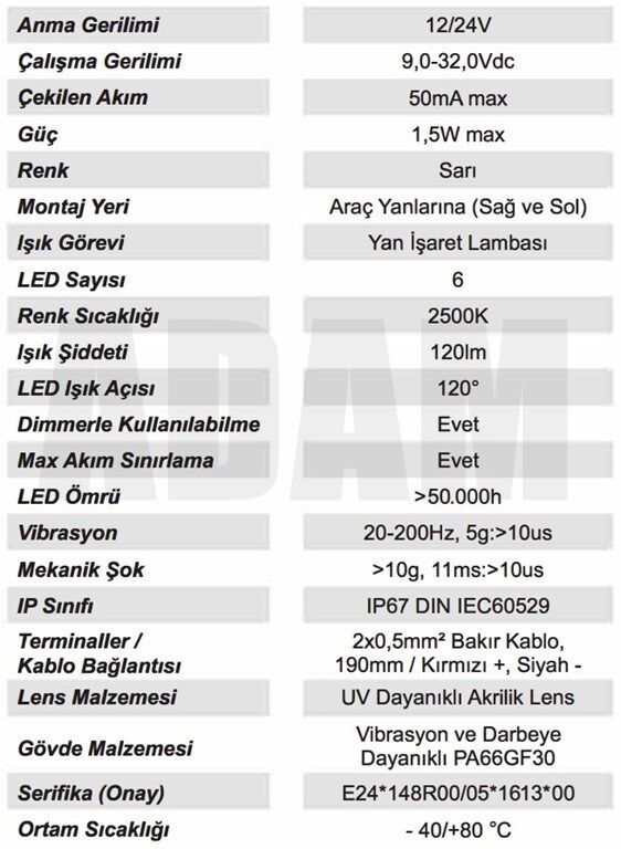 12V 24V 6 Led Sarı Parmak Lamba Su Geçirmez İnce Dizayn Side Marker E-Mark Belgeli