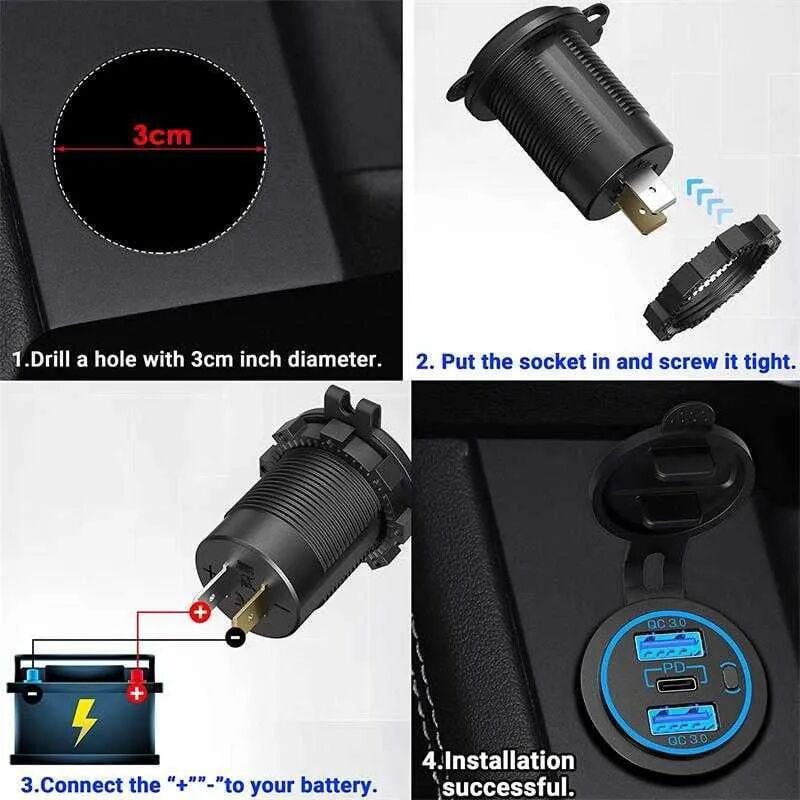 12V 24V DC USB QC3.0 Type-C PD Şarj Port  Anahtarlı Yuvarlak