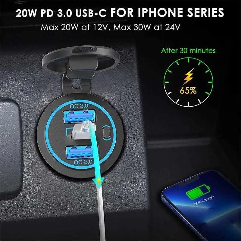 12V 24V DC USB QC3.0 Type-C PD Şarj Port  Anahtarlı Yuvarlak