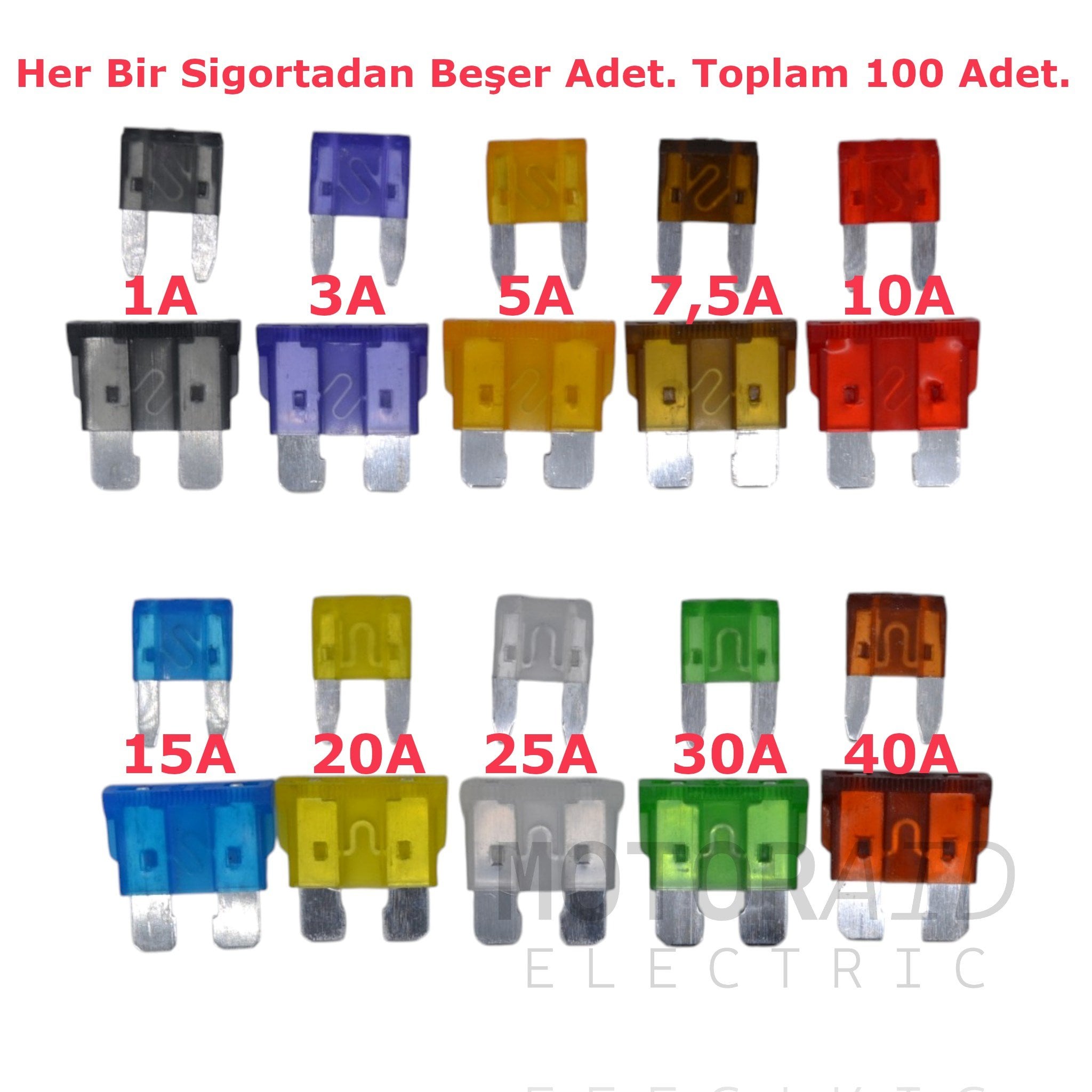 100 Adet Mini Ve Standart Süper Karışık Oto Bıçak Sigorta Seti 1A 3A 5A 7,5A 10A 15A 20A 25A 30A 40A