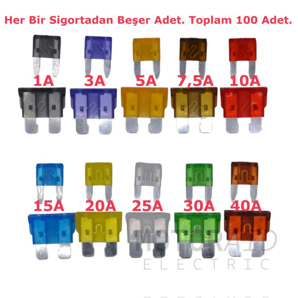 100 Adet Mini Ve Standart Süper Karışık Oto Bıçak Sigorta Seti 1A 3A 5A 7,5A 10A 15A 20A 25A 30A 40A