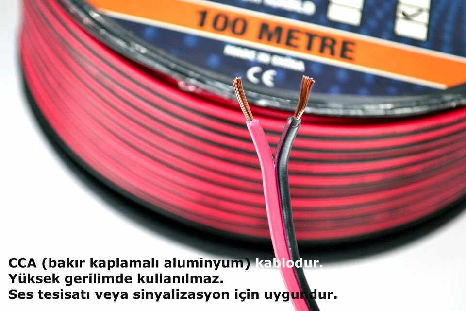 100 Metre 2X1,00mm² CCA Bitişik Hoparlör Kablosu Kırmızı Siyah