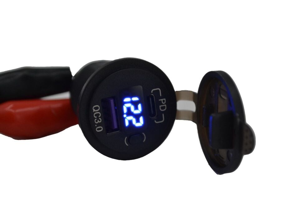 12V 24V DC USB QC3.0 Type-C PD Hızlı Şarj Port Voltmetreli Anahtarlı Yuvarlak Hızlı Şarj