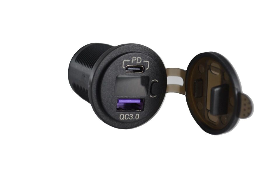 12V 24V DC USB QC3.0 Type-C PD Hızlı Şarj Port Voltmetreli Anahtarlı Yuvarlak Hızlı Şarj