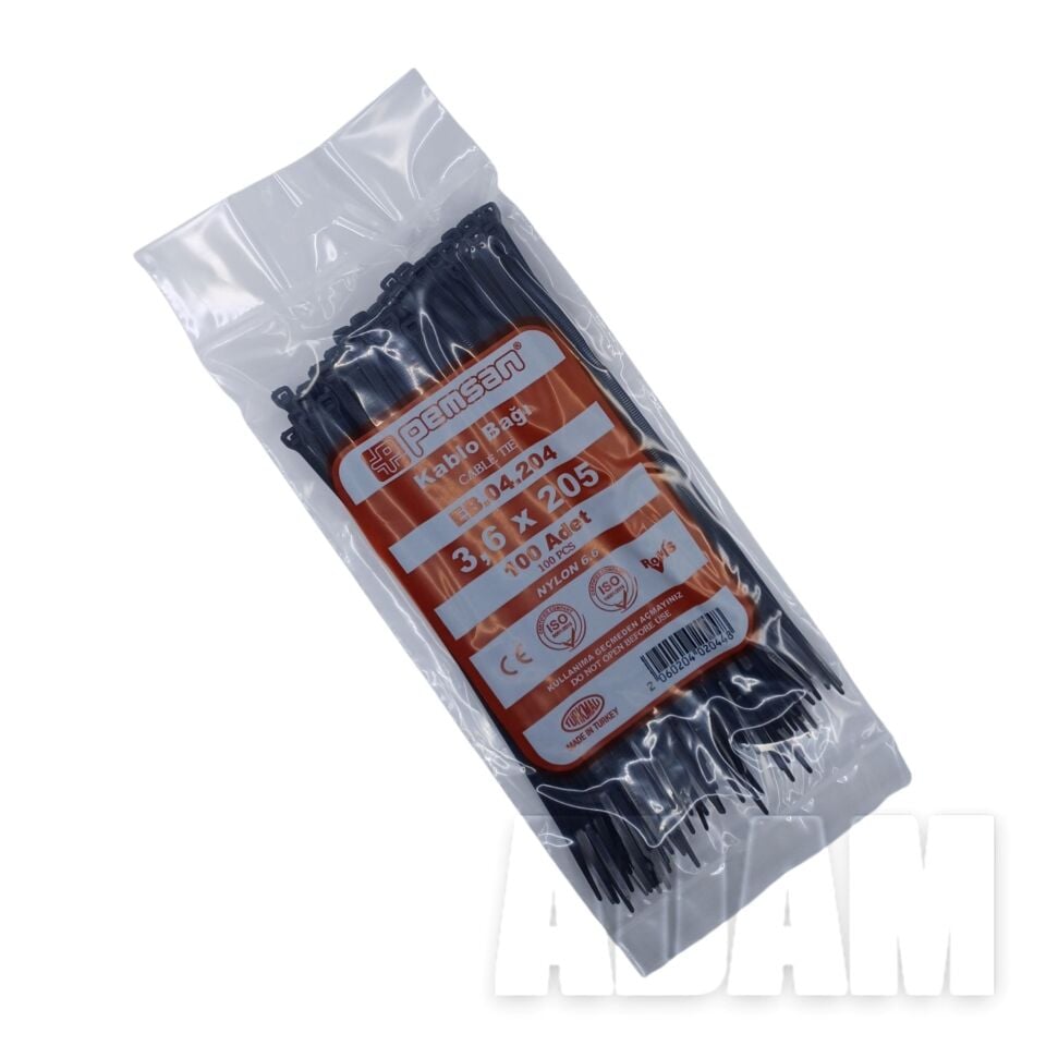 20cm Siyah Kablo Bağı 205x3,6 100 Adetli Poşet EB.04.204