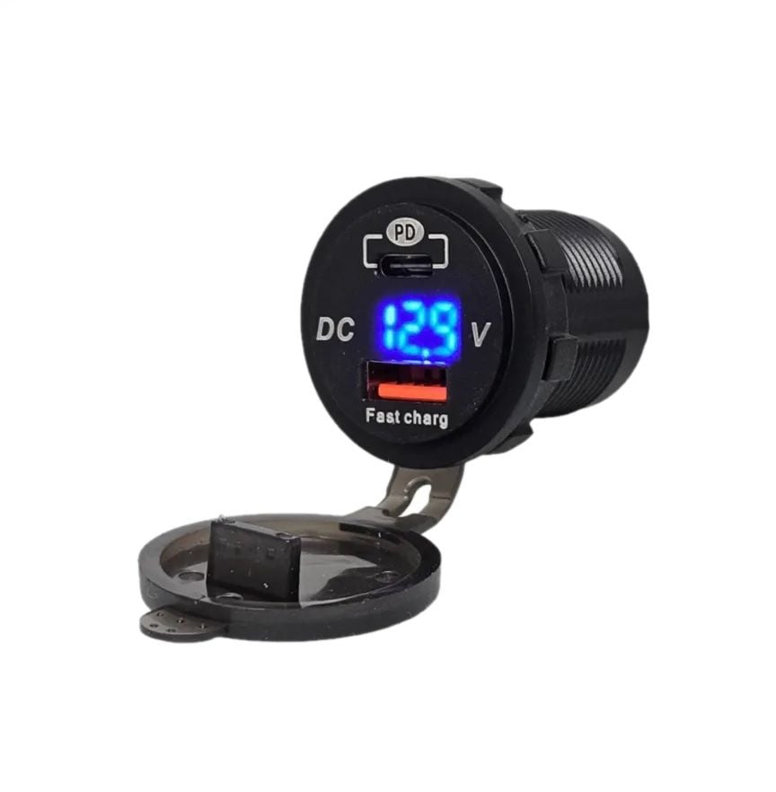 12V 24V DC USB Type-C PD Şarj Port Voltmetreli Yuvarlak
