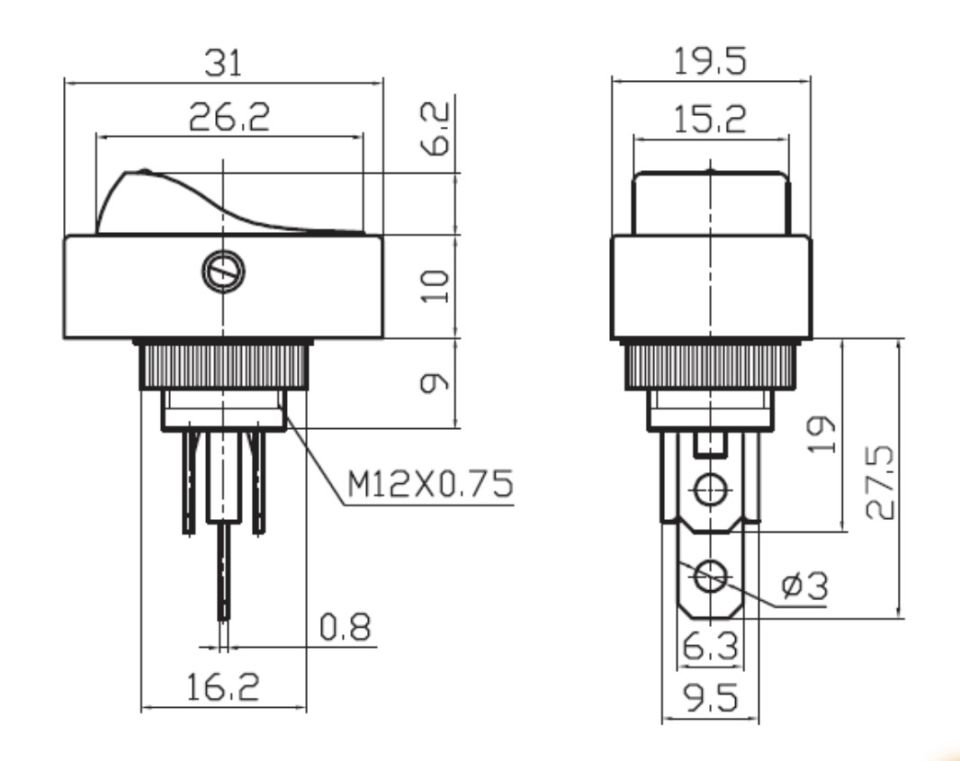 Oval Üniversal Elektrik Anahtarı 1-0 Kırmızı Ledli Rocker 3 Fişli MT-ANK35