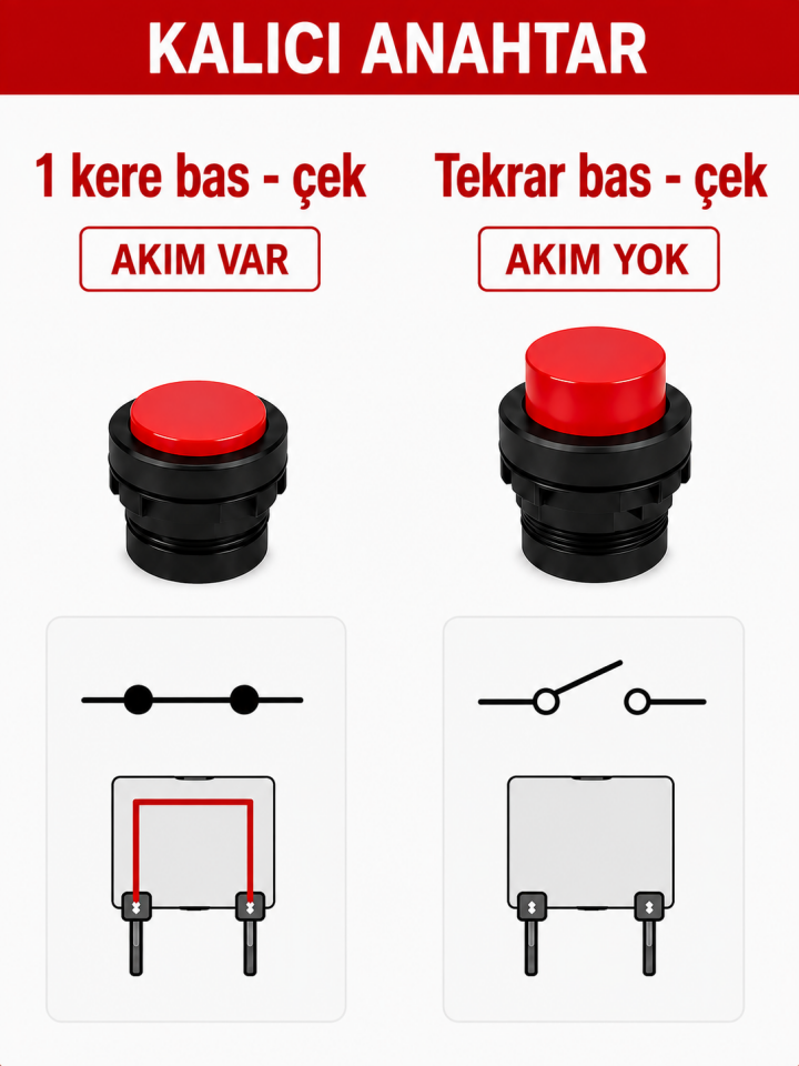 Kalıcılı 16mm 24V 12V Uyumlu Kırmızı Halka Işıklı 1-0 Elektrik Anahtarı 5 Pin