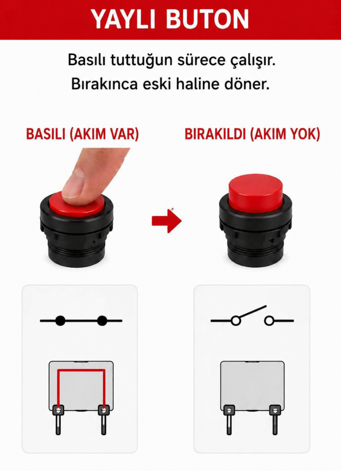 Yaylı 16mm 24V 12V Uyumlu Kırmızı Halka Işıklı 1-0 Elektrik Anahtarı 5 Pin