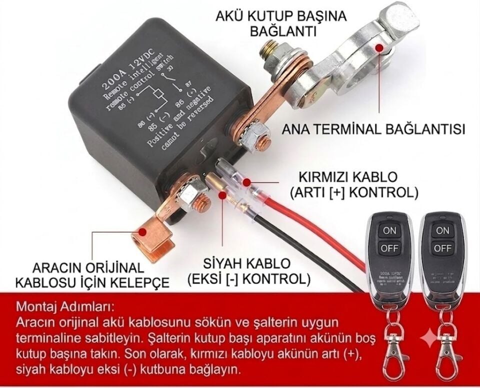 12V Uzaktan Kumandalı Akü Devre Kesici Şalter Seti