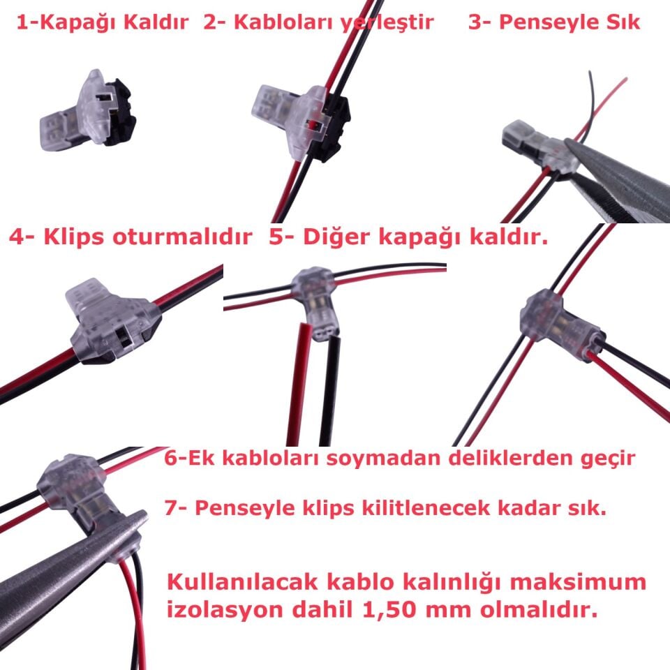 20 Adet Çiftli T-Tipi Kablo Ekleme Konnektörü Hızlı Bağlantı Klemensi T-Tap 0.50mm² (20AWG)