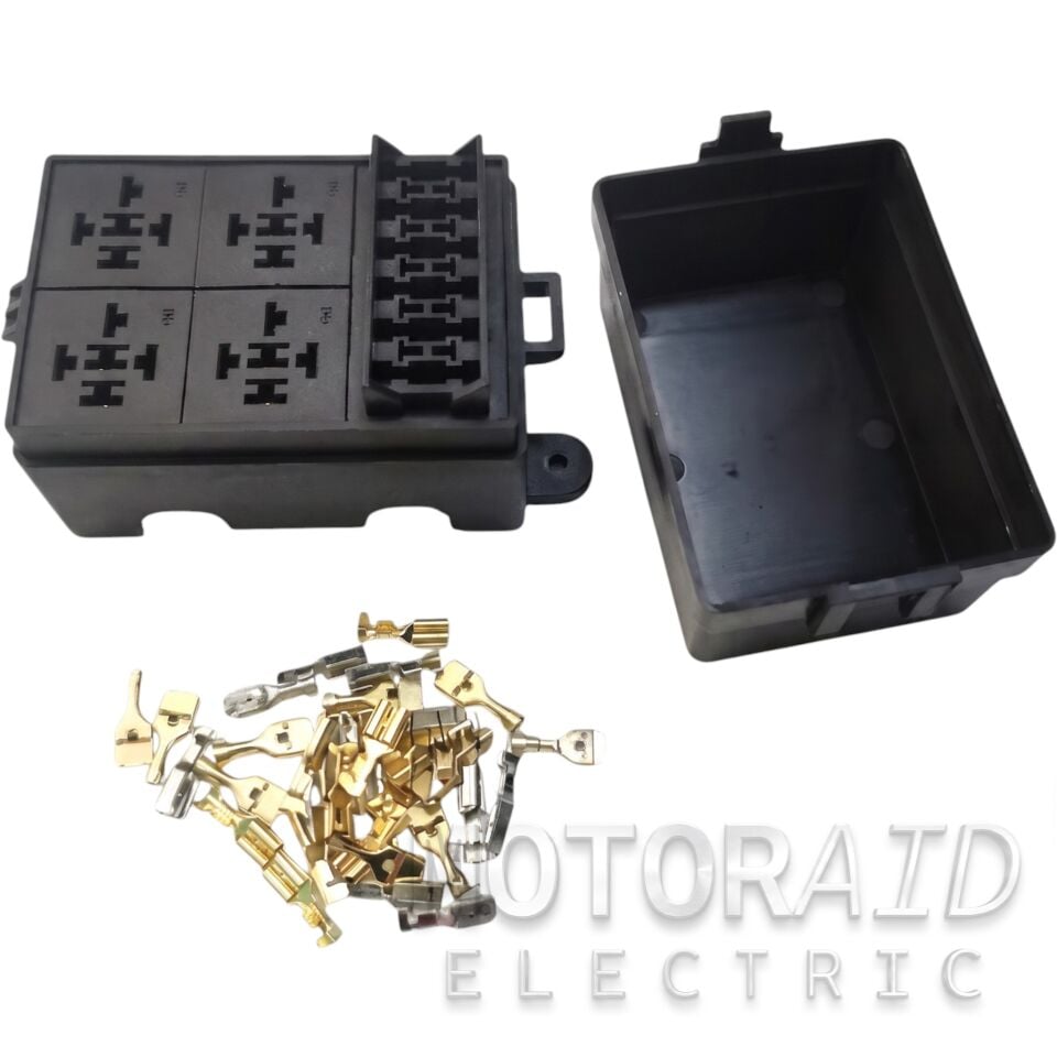 Röle ve Sigorta Kutusu Kapaklı - 4 Mini Röle, 6 Standart Bıçak Sigorta İçin (Terminalleriyle Birlikte)