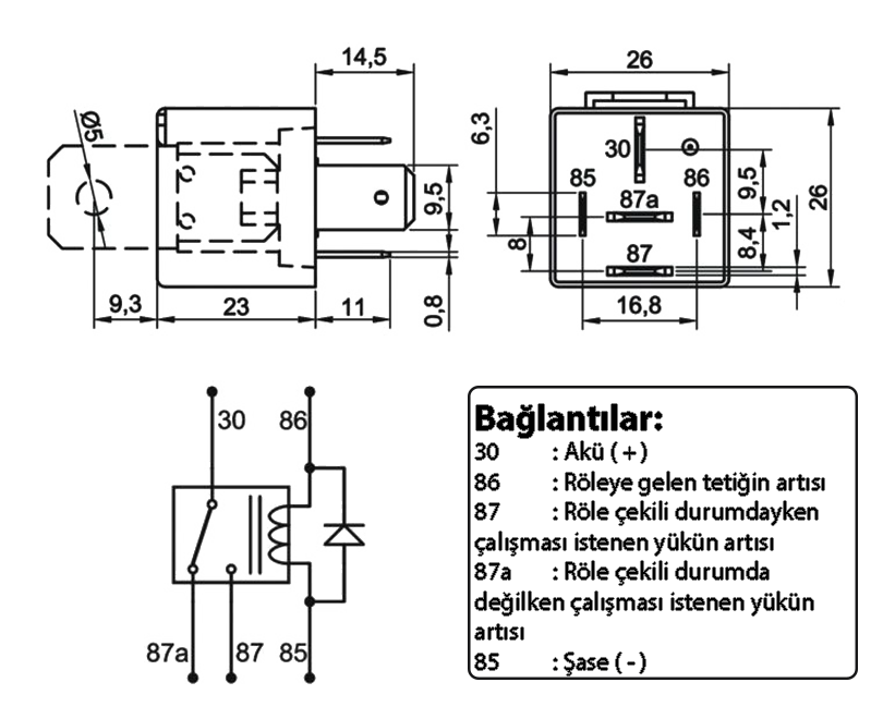 24V 50/30A Diyotlu Güç Rölesi 5 Fişli NO 50A / NC 30A Changeover