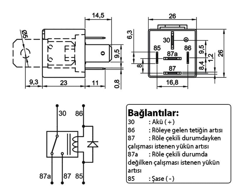 24V 50/30A Diyotlu Güç Rölesi 5 Fişli 87A NO 50A / NC 30A Changeover