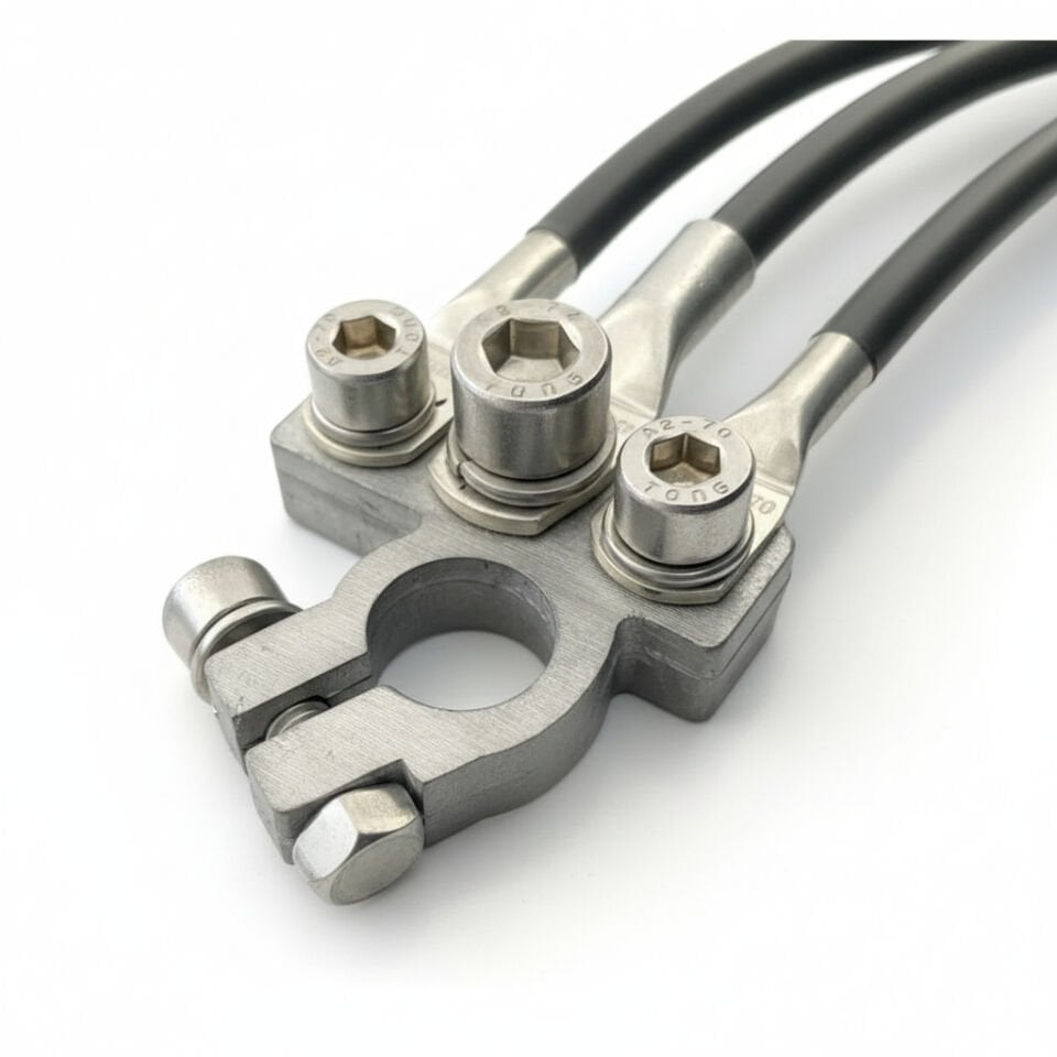 Üç Yollu Marine (+) Artı Akü Kutup Başı Terminali Kurşun Gövde - Paslanmaz İmbus Cıvatalı