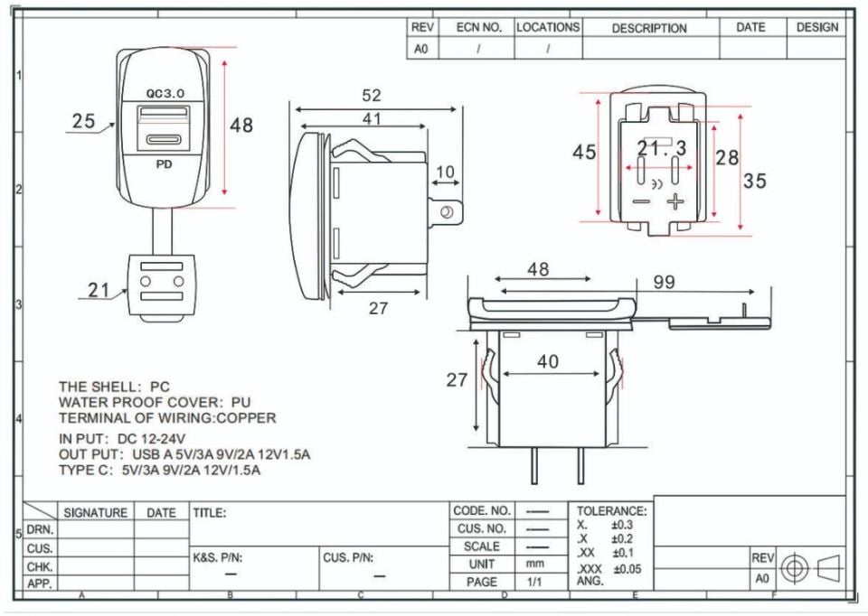 12V 24V DC USB QC3.0 Type-C PD Şarj Port Dikdörtgen Mavi Işık ENG PRO PB1132