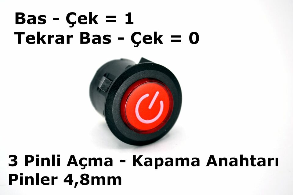 26mm 12V Kırmızı Işıklı POWER Logolu 1-0 Kalıcı Anahtar Yuvarlak 16A