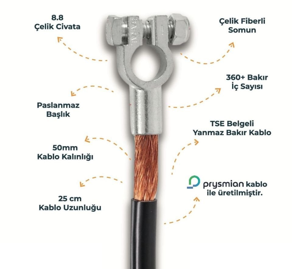 50mm 25cm Kablolu Akü Kutup Başı Seri Paralel Bağlantı Terminali